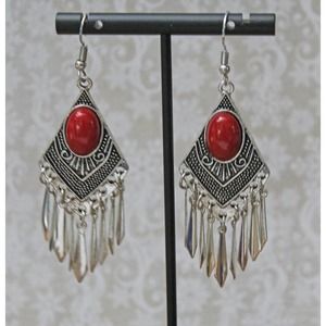 Silver Tone Long Drop Earrings with Red Cabochon E100